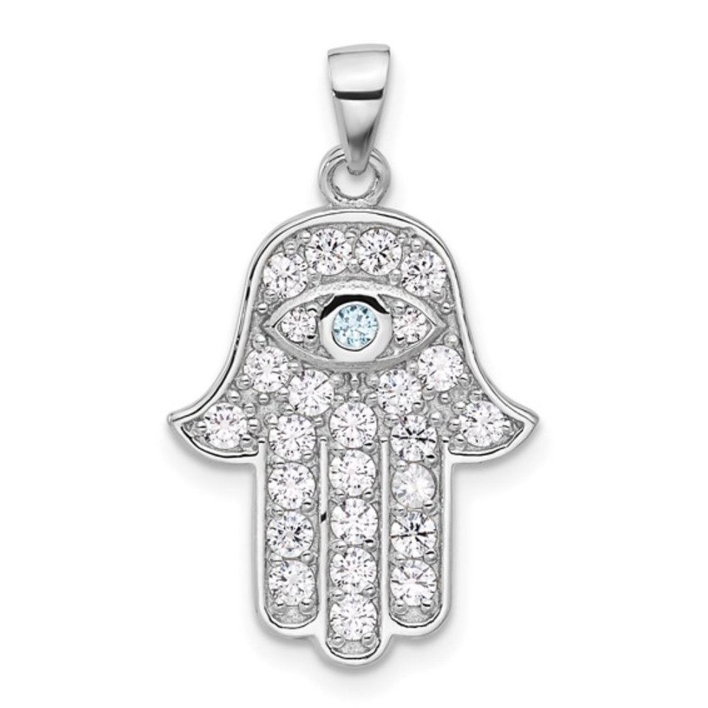 925 Sterling Silver Created White & Blue CZ Hamsa Hand Eye Hand Charm Pendant